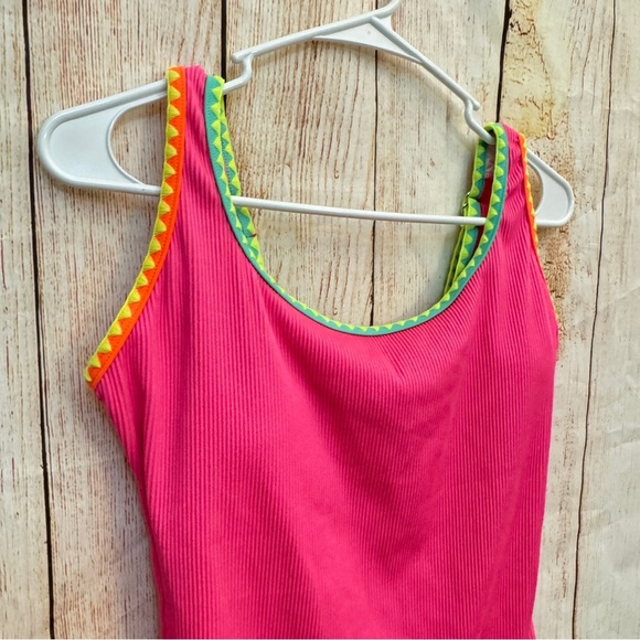 Neon Pink One-Piece Swimsuit with Colorful Trim Sz L​ - Picture 2 of 8